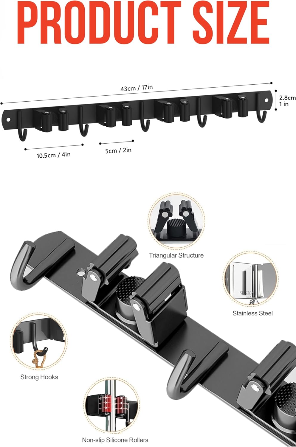 2 Pack Mop and Broom Holder Wall Mount, Upgraded Broom Hanger Wall Mount, Stainless Steel Broom Organizer for Closet Garage Laundry Room Kitchen Wall Decor Black 4R5H