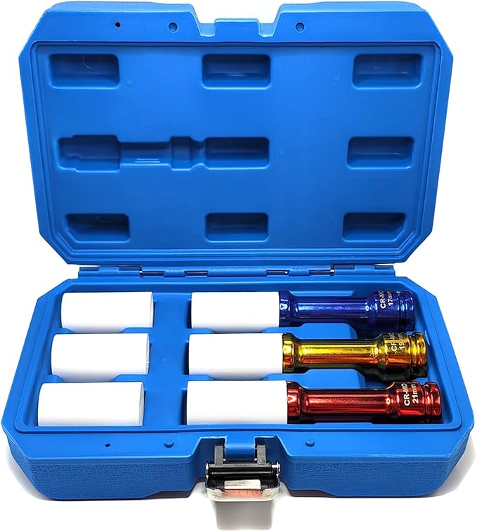 3Pcs Lug Nut Socket Set 1/2" Drive Impact Tools, Power Impact Lug Nut Socket, Non-marring & Extra-Long Thin Wall Wheel Protector Impact Deep Socket, Inch Sizes 17mm, 19mm, 21mm