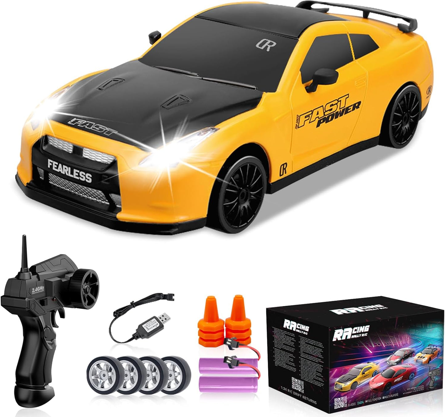 RC Drift Car 1/24 2.4GHz 4WD Remote Control Car, High Speed Drifting RC Cars with LED Lights, 2 Rechargeable Batteries and Drift Tires Racing Toy Cars for Kids (Yellow)
