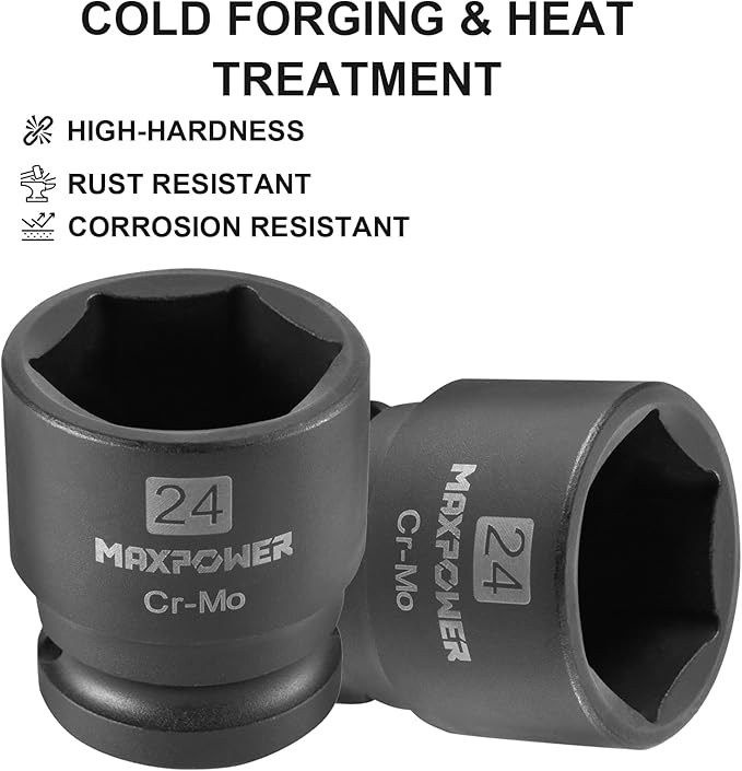 MAXPOWER 1/2 Inch Drive 24mm Standard Impact Socket, Made with Heat-Treated Chrome Molybdenum Steel, 6-Point Design, Metric