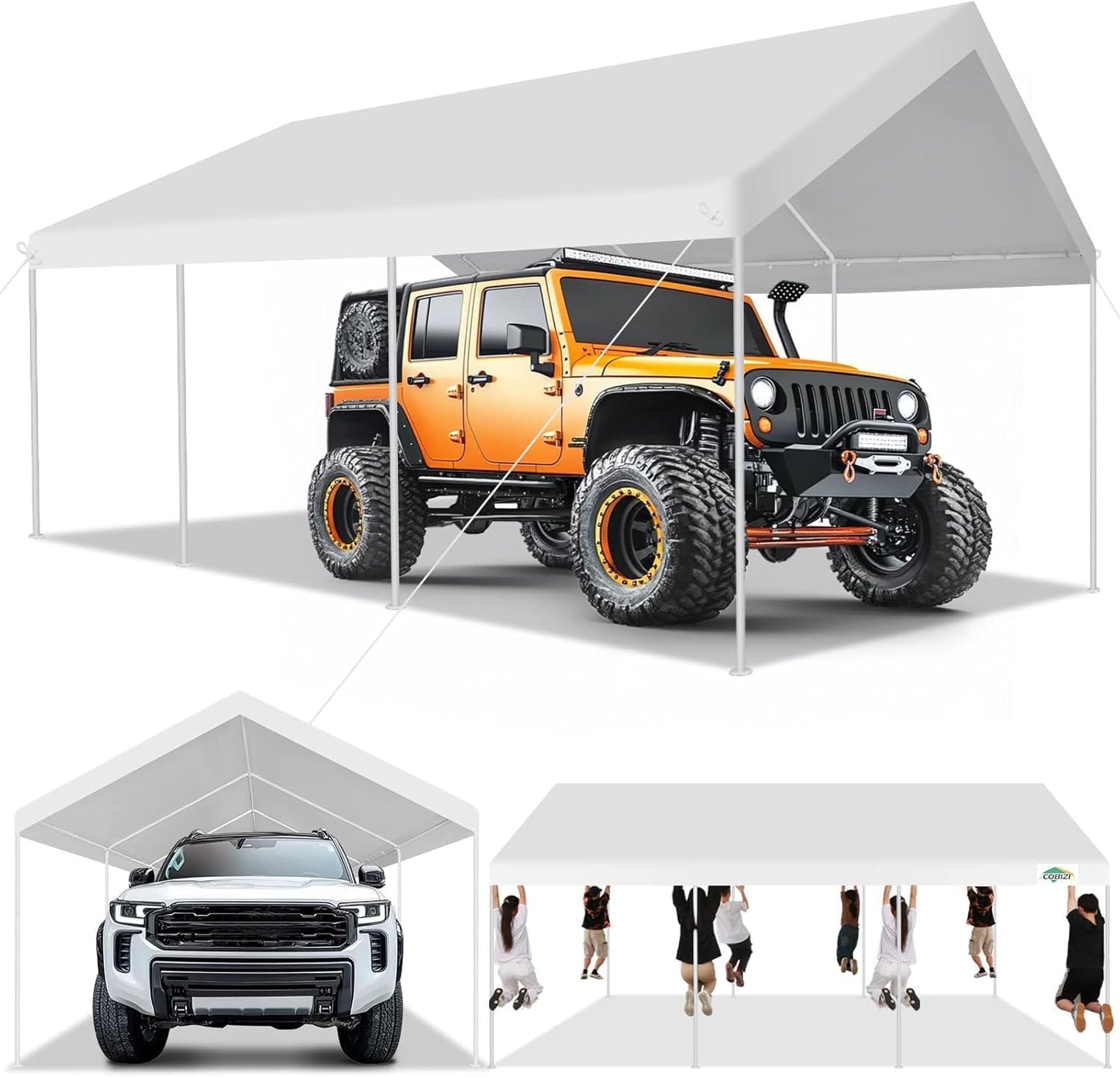 COBIZI 12x20ft Carport Heavy Duty, Portable Car Garage Outdoor Party Tent with Built-in Sandbags, Waterproof Car Canopy for Truck, Boat, SUV with All-Season Tarp, White
