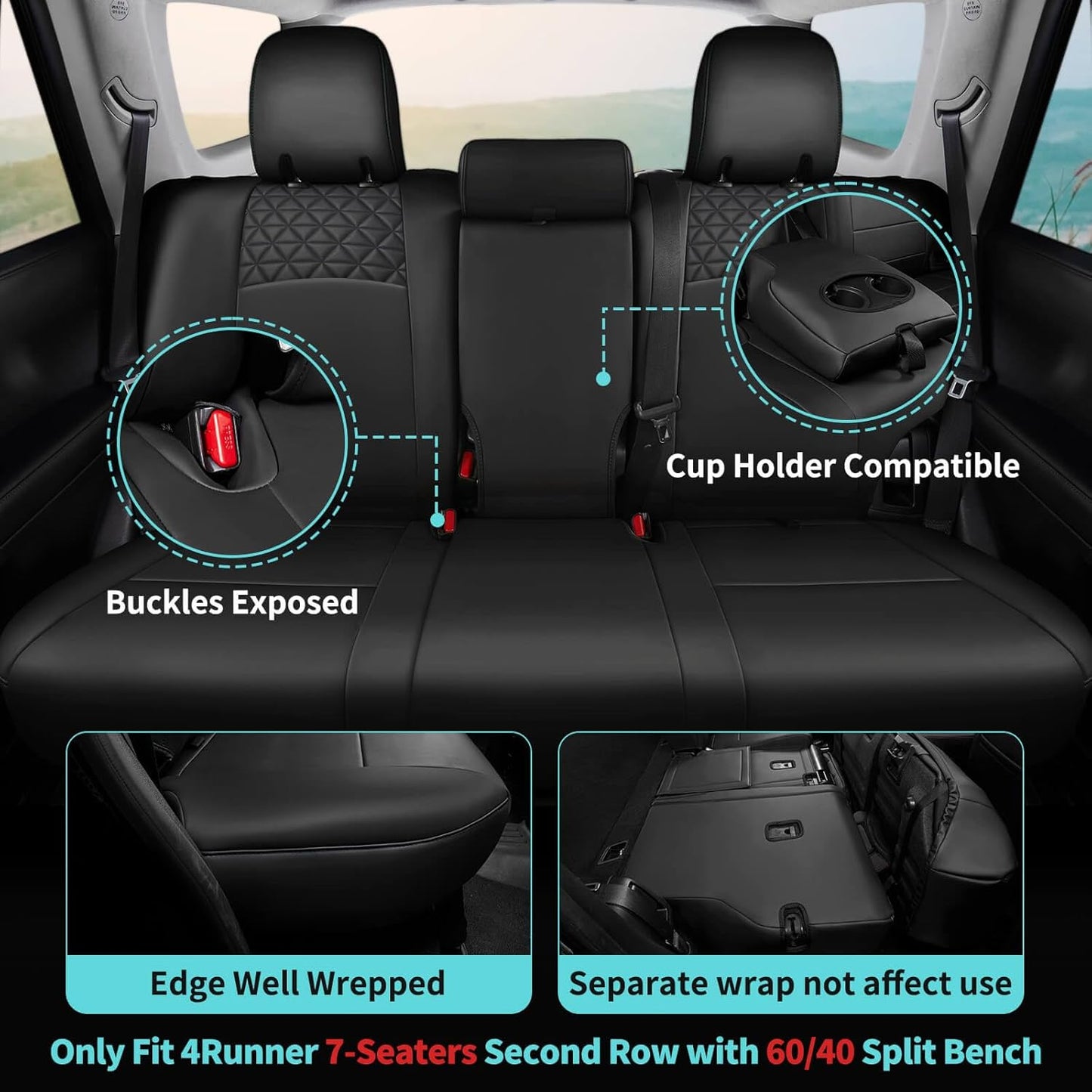 Seat Covers for Toyota 4Runner 2011-2024, Faux Leather Car Seat Cover Full Set, 3-Row-Only for 7 Seats Version-Blackwhite