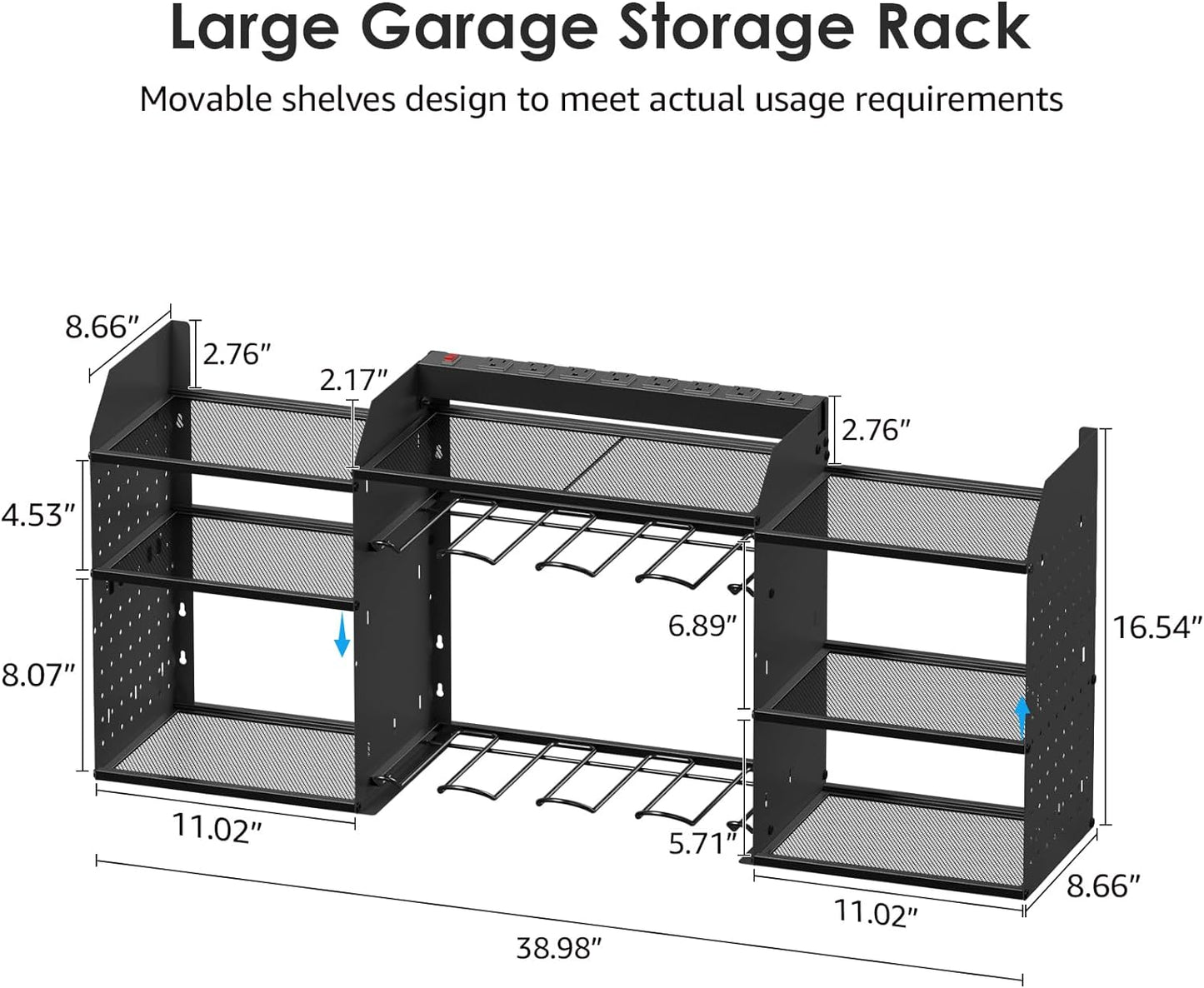 CCCEI Black Large Tools Organizer Wall Mount Charging Station, 39 Inch Long Power Tool Battery Storage Rack with 6FT Power Strip. 8 Drill Holder, Garage Utility Shelves. Pegboard Hanging Extension.