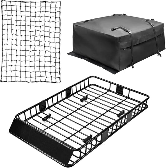 Leader Accessories Roof Rack Cargo Basket Set, Cargo Carrier Bag 15 Cubic Feet Capacity with Car Top Luggage Holder Adjustable Length 43/64 inches Cargo Net 3' x 4' for SUV, Van, Sedan,Jeep