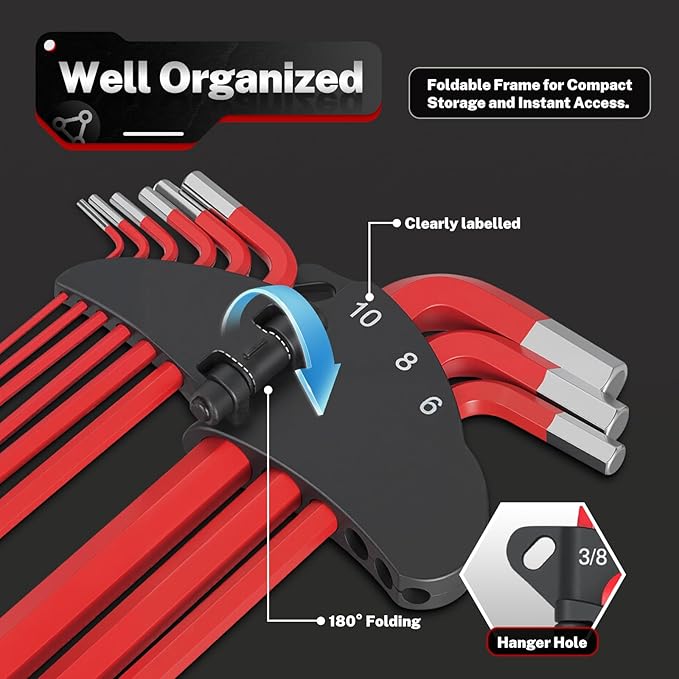 TOMMARS Hex Key Set Magnetic Ball End S2 Steel With T-Handle Hex Key Allen Wrench Set SAE(1/16"-3/8") Metric(1.5mm-10mm) TORX(T10-T50)