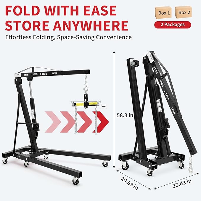 2 Ton Folding Hydraulic Engine Hoist with Load Leveler 4400 LBS Capacity Heavy Duty Cherry Picker 6 Swivel Wheels&Hydraulic Pump Adjustable Boom (0.5T-2T) for Garage Workshop Warehouse Black