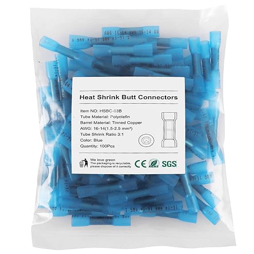 Heat Shrink Butt Connectors, 200Pcs 16-14 AWG Blue Insulated Waterproof Electrical Wire Connectors Automotive Marine Grade Wire Crimp Terminals Butt Splices, Ideal for Boat, Truck, Stereo