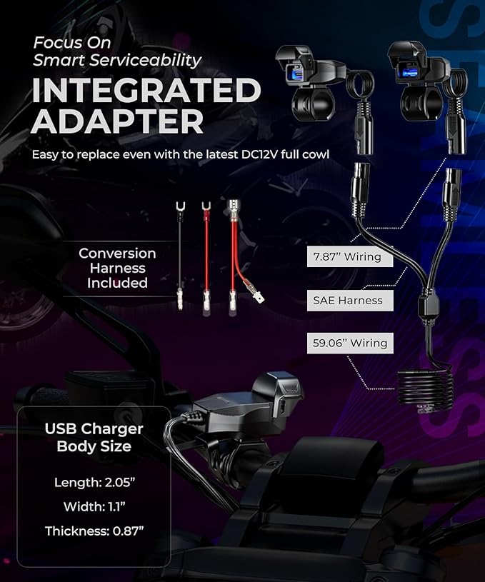 KAEDEAR Motorcycle USB Charger, Waterproof, Smartphone Charger, Dual USB Port, SAE DC 12V Fuse, Power Switch, Type A + Type C, Ultra-Fast Charging 5V/9V/12V, KDR-M3-AC