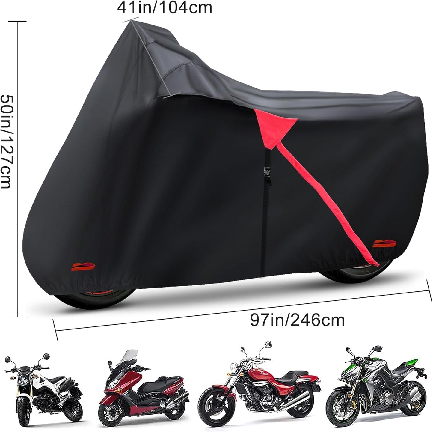 Motorcycle Cover,Waterproof Zipper Outdoor Cover for All Seasons Windproof, High Heat Resistance Dustproof and Rainproof Snowproof(Red Zipper XL Fits Up to 97 inch)