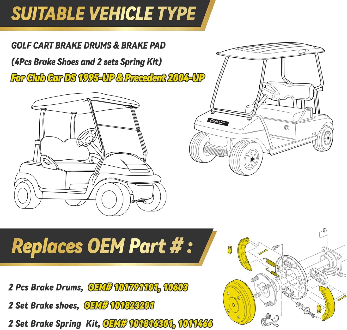 Golf Cart Brake Repair Kit fit Club Car DS 1995-Up and Precedent 2004-Up,Club Car Brake Drums & Brake Pads & Brake Shoes Spring Kit,OEM# 1018163-01,1011466, 1018232-01, 1017911-01