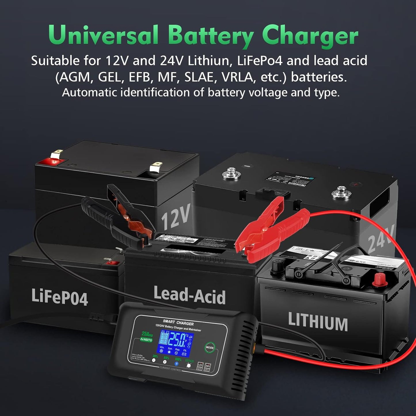 25 Amp Lithium Battery Charger, 12V and 24V Lifepo4,Lead-Acid(AGM/Gel/SLA..) Battery Charger,Battery Maintainer, Trickle Charger, and Battery Desulfator for Car,Boat,Motorcycle, Lawn Mower.