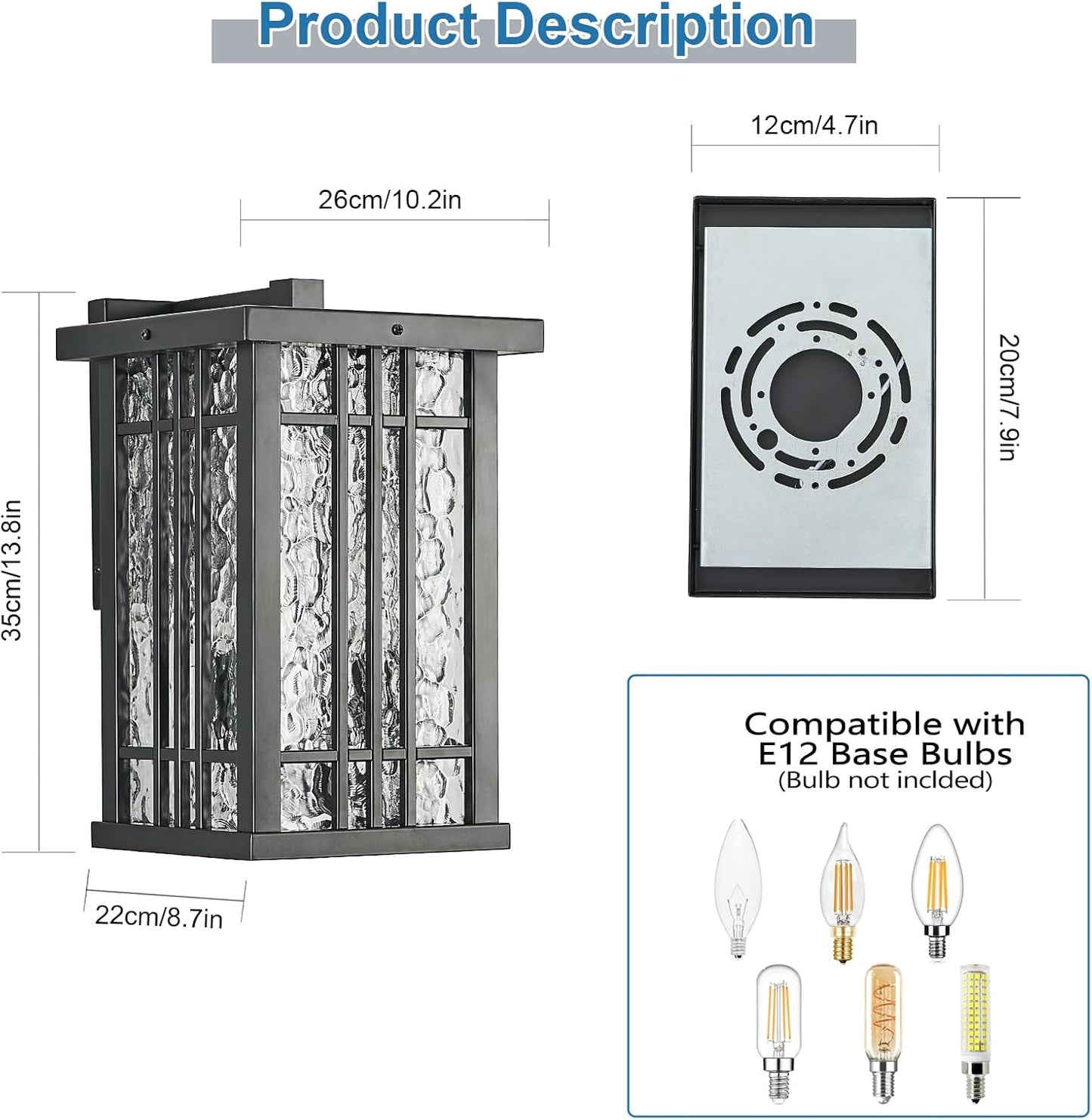 2-Light Outdoor Wall Light E26 Base Metal Frame - Black Exterior Waterproof Lanterns with Clear Glass, Porch Wall Mount Lighting for Garage, Patio(Bulb not Included)