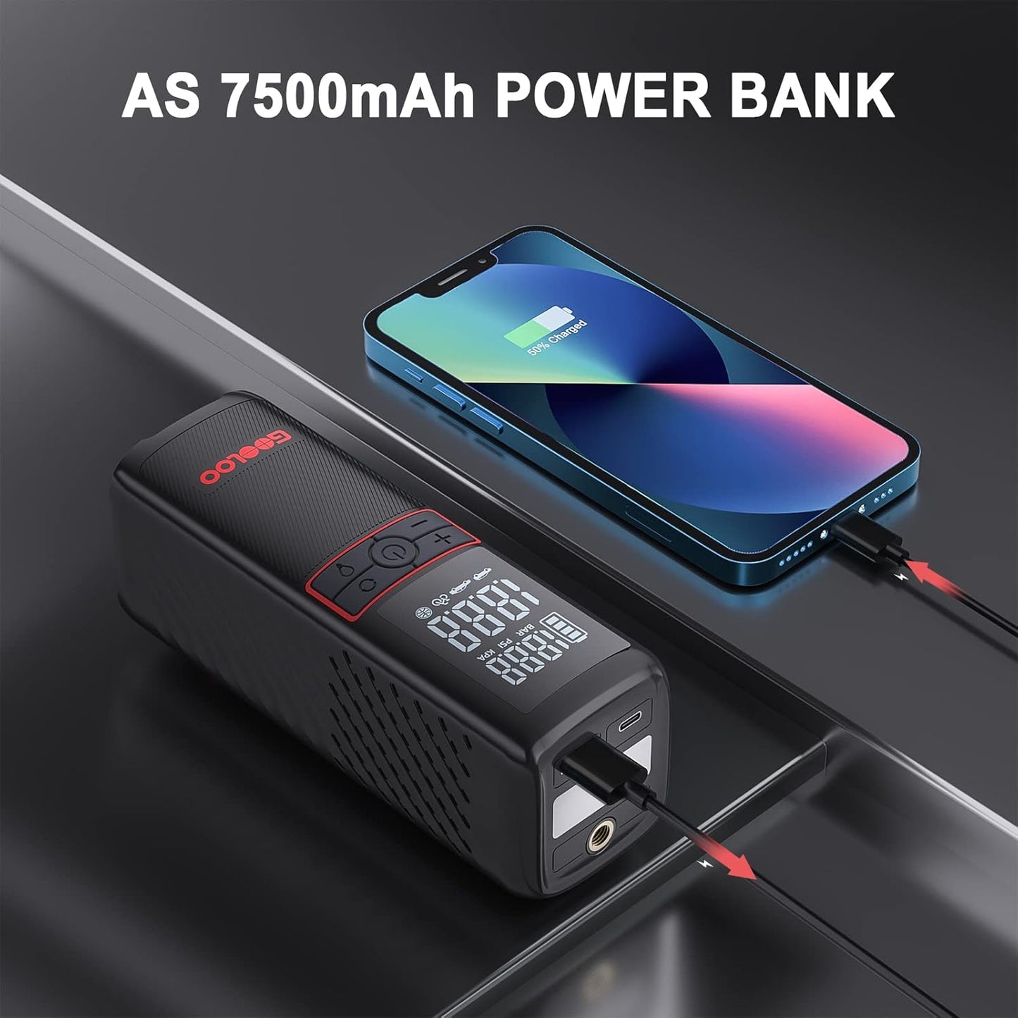 GOOLOO GT160 Tire Inflator Portable Air Compressor, 160PSI Portable Air Pump for Car Tires, 7500mAh Cordless Air Pump with Digital Pressure Suitable for Cars, Bikes, Balls, Motorcycles