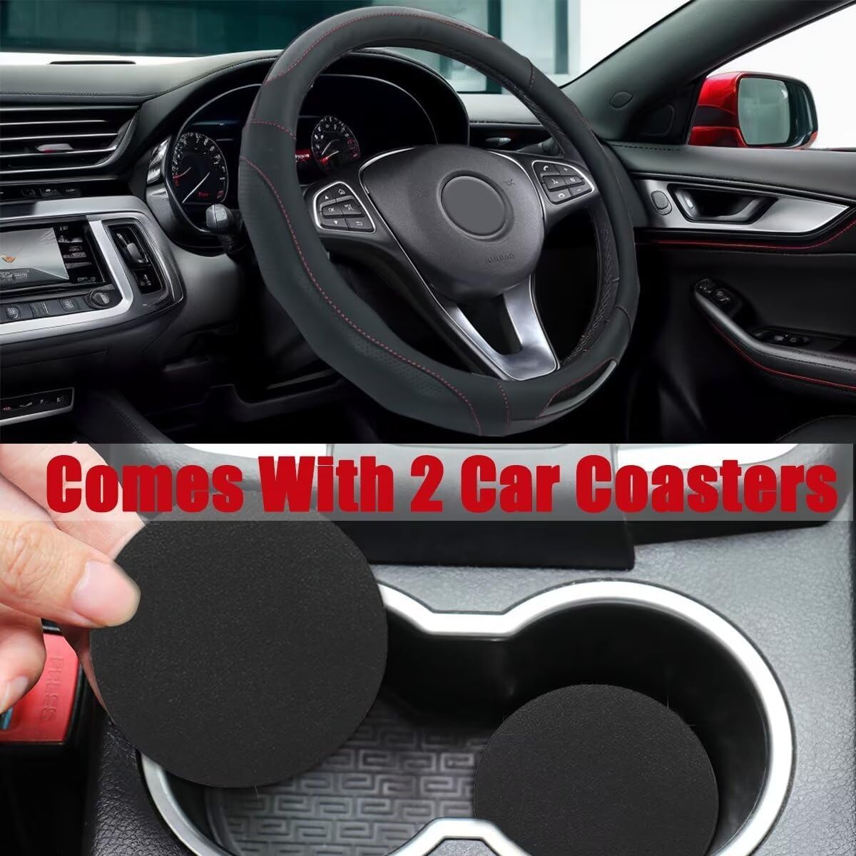 Car Steering Wheel Cover with Cup Coasters, Universal 15 inch Leather Carbon Fiber Steering Wheel Covers Comfort Grip Breathable Anti-Slip Steering Wheel Accessories for SUV Truck Van Auto - Beige