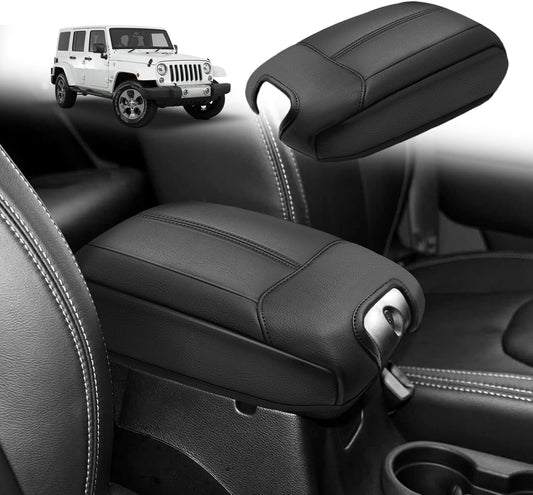Muslogy Center Console Armrest Cover Compatible with Jeep Wrangler JK JKU 2011-2017 Comfort Armrest Pad Arm Rest Cushion Vegan Leather Protector Black Regular Thick