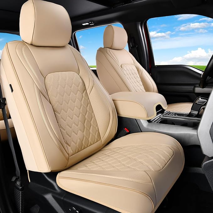 Huidasource F150 F250 F350 Front&Rear Leather Seat Covers Fit for 2015-2025 Ford F150 SuperCrew & 2017-2025 F250 F350 F450 Super Duty Crew Cab XL XLT Lariat King Ranch Platinum(Full Set/Beige)
