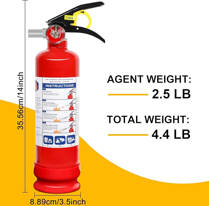 1 Pack ABC Dry Chemical Fire Extinguisher, 2.5 lb 1A:10B:C Rating for Home, Vehicle, Boat, Quick Release Handle, Compact & Portable Dry Powder Extinguishers