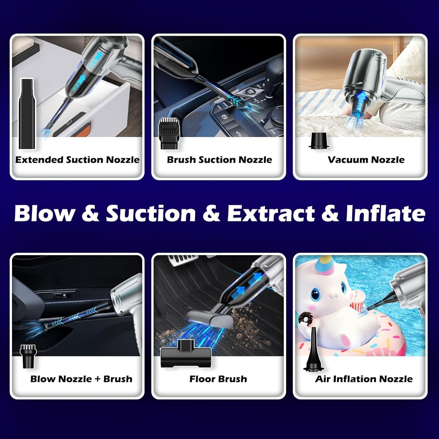 Car Vacuum Portable Cordless, 5 in 1 Handheld Vacuum Cleaner, Mini Vacuum Cleaner Rechargeable, 8000PA Powerful Compressed Air Duster & Air Blower for Cars,Home,Office,Pet Hair