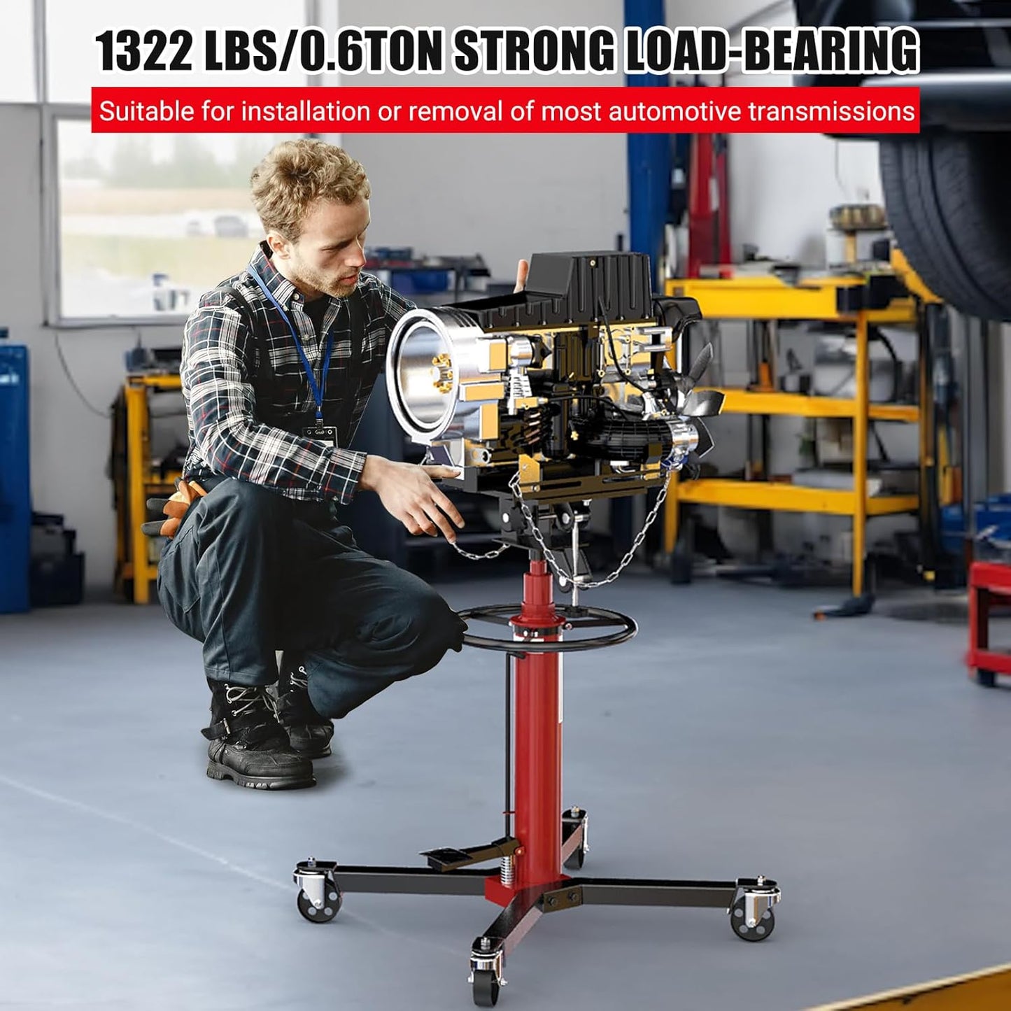 Garvee 1322lbs Transmission Jack, Hydraulic Telescoping Transmission Jacks, 34.3"-68.5" High Lift, 2-Stage Transmission Floor Jack Stand 3/5 Ton Capacity with Foot Pedal, 360° Swivel Wheel