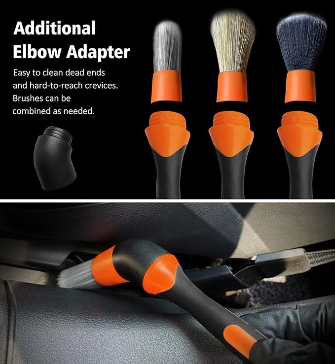 YeewayVeh 3pcs Car Detailing Brush Set, Boar Hair, Soft & Sharpened Bristles, Elbow Connection, Orange