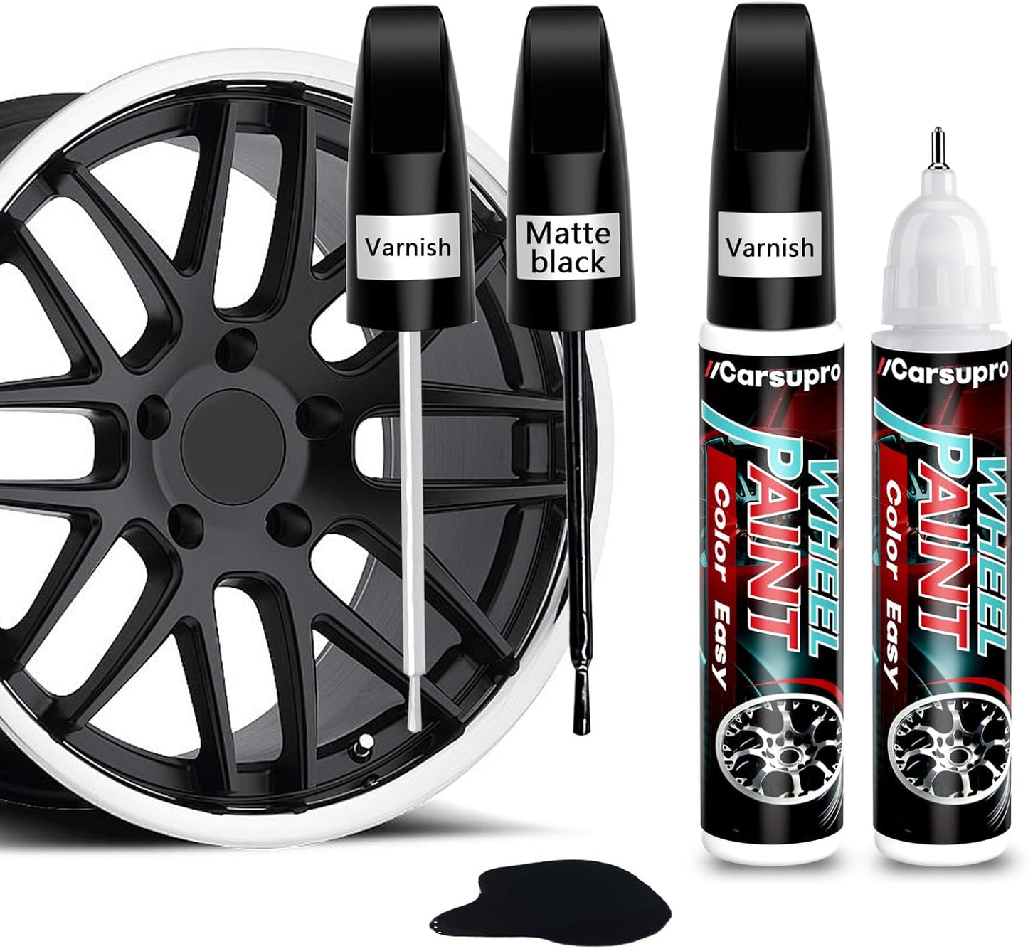 Black Rim Touch Up Paint. Wheel Scratch Repair Pen. Car Rim Paint Pen Quick And Easy Fix Rim Scratches,Rim Paint For Car Wheel Repair (2, Matte Black+Varnish)