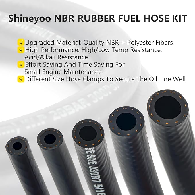 Fuel Line Hose 6PCS With 30Pcs Clamps, 1/8" 3/8" 5/16" 1/4" 1/2" 3/16" ID Push Lock Rubber NBR Fuel Line For Lawn Mowers/Cultivator/ATV's Tractors And Other Small Engine Equipment 5FT