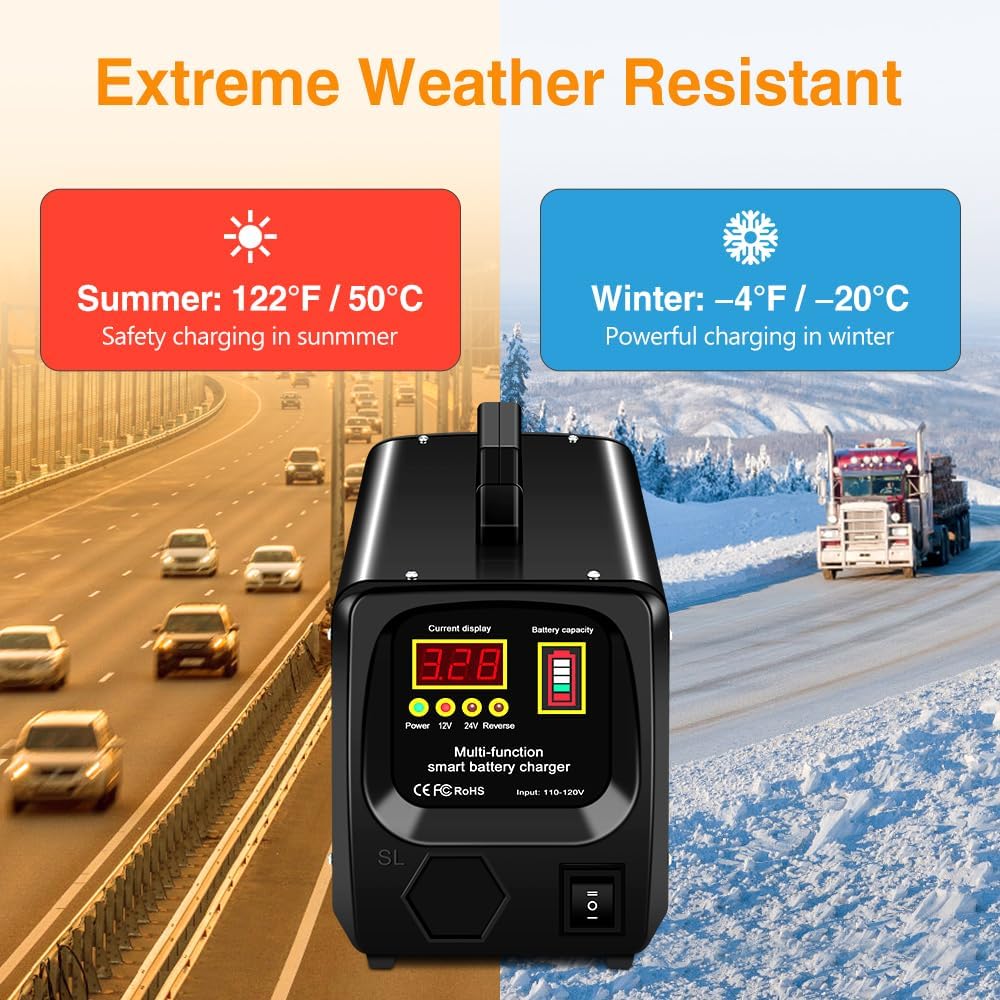 Outerman Car Battery Charger,24V/12V Fully-Automatic Battery Charger for Lead-Acid Batteries,Fast Charging Battery Maintainer/Trickle Charger/Battery Desulfator,for Large Capacity: 6~300AH