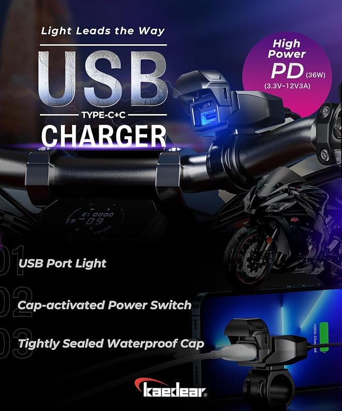 KAEDEAR Motorcycle USB Power Supply Waterproof Phone Charging Port SAE DC 12V Fuse Power Switch, Type C + Type C, Ultra-Fast Charging 5V/9V/12V, Light-Guided USB Charger KDR-M3-CC