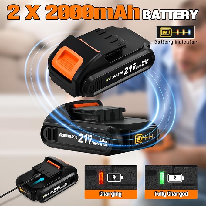 WORKBLESS 21V Power Drill Set, Cordless Drill with 2 Batteries and Charger, 3/8'' Keyless Chuck, Variable Speed, 18+1 Torque Setting and 28pcs Bits Tool Set(Orange)