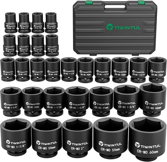 3/4 Inch Drive Impact Socket Set, 6-Point Design, CR-MO Steel, 30 PCS Large Impact Socket Set, SAE (11/16” to 2”) and Metric (17mm to 60mm), Rugged Construction, Heavy Duty Impact Sockets