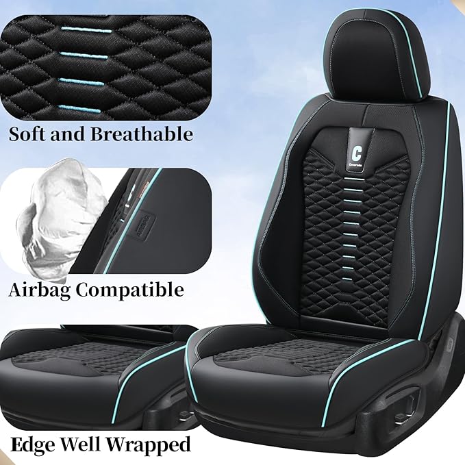 Coverado Car Seat Covers Full Set, 5 Seats Universal Seat Covers for Cars, Breathable Fabric Faux Leather Auto Seat Cushions, Front and Rear Seat Protectors Fit for Most Sedans SUV Truck, Black&Blue