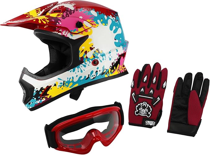 XFMT DOT Youth Kids Dirt Bike Helmet Full Face Motocross Helmets for Off-Road ATV Street Bike Four Wheeler Motorcycle with Goggles & Gloves, Spray Graffiti Large