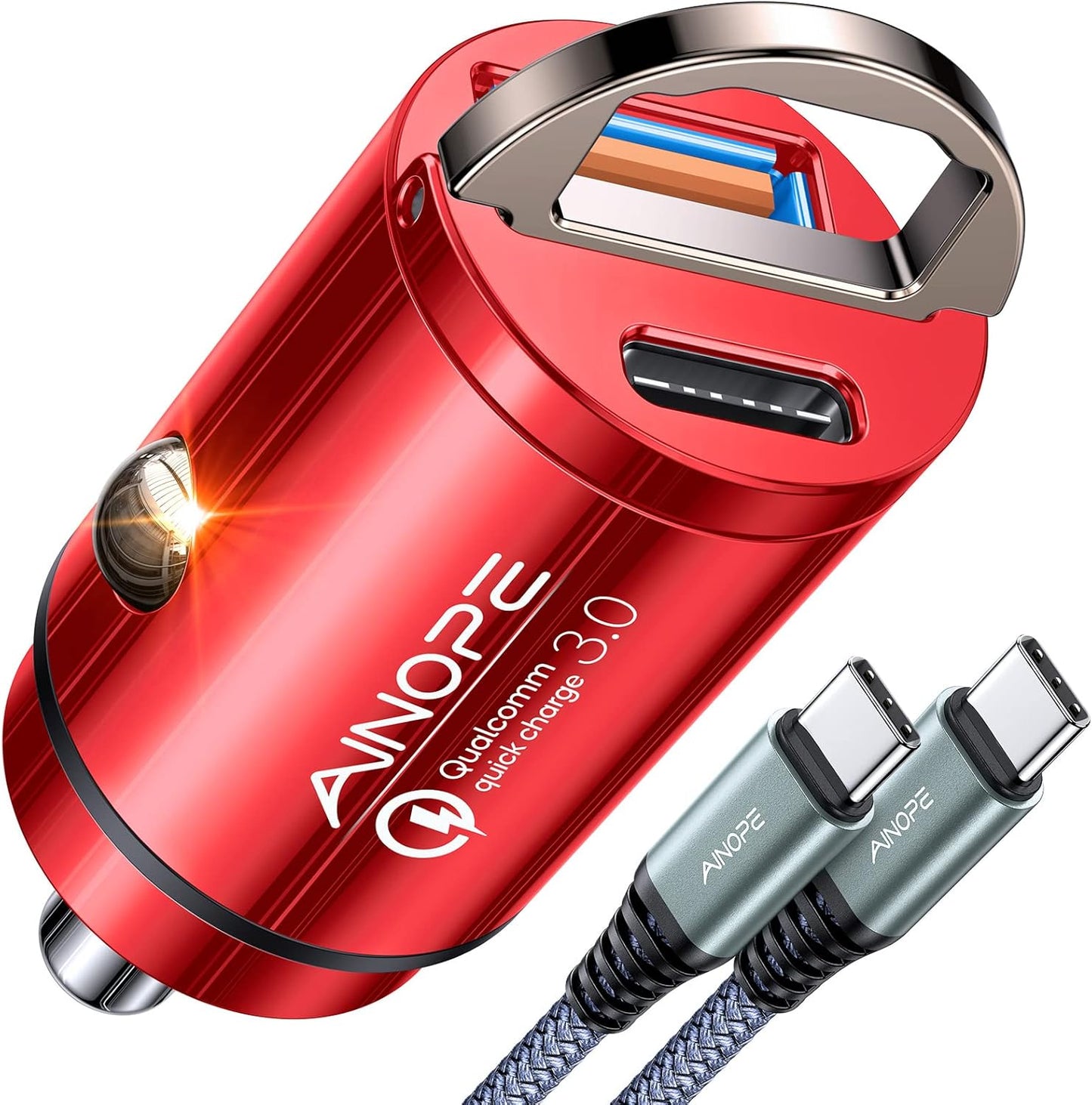 AINOPE 90W Super Fast Car Charger, Invisible USB C 45W Car Charger Fast Charging Type C, [Mini&Metal] Cigarette Lighter USB Adapter Fits Samsung Galaxy S25 Ultra S24 iPhone 16 15 Pro Max Piexl, Red