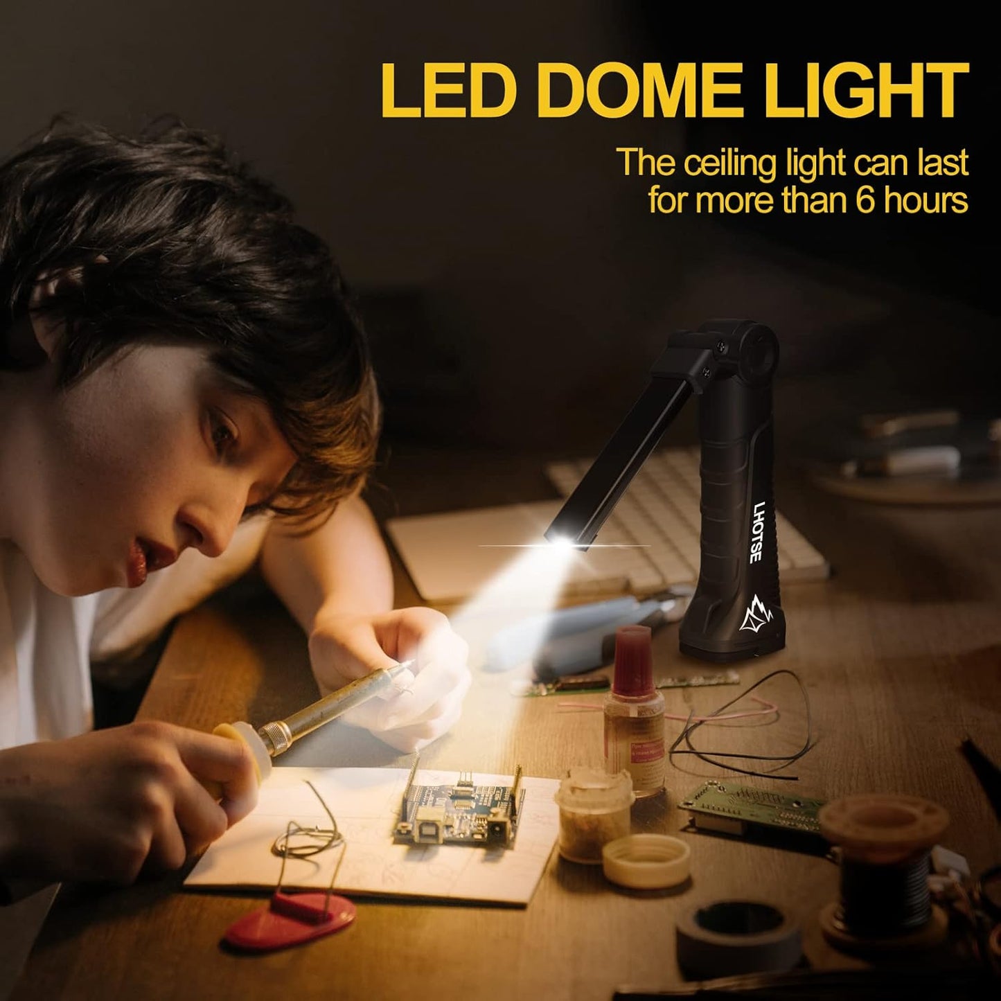 LHOTSE Rechargeable Work Lights, LED Work Light with Magnetic Base and 360° Rotation Stand, 5 Modes COB Bright Flashlights Inspection Light for Car Repair, Home, Garage, Emergency,BBQ,Camping (1pack)