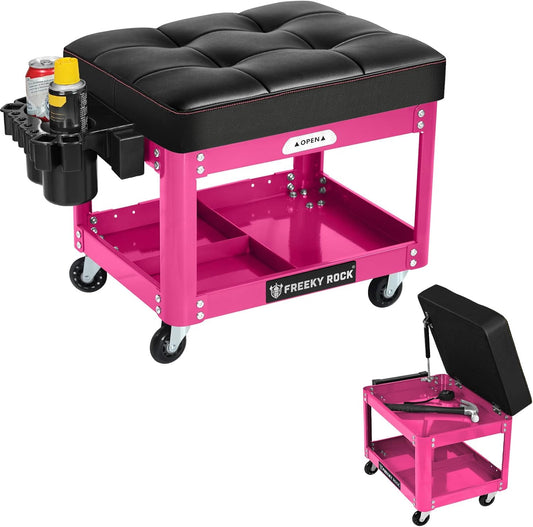 Rolling Mechanic Shop Stool with Wheels, Garage Mechanics Stool with 2 Layer Repair Tools Tray, Padded 360° Swivel Automotive Roller Creeper Seat Shop Chair, Heavy Duty, 330 LBS Capacity, Pink