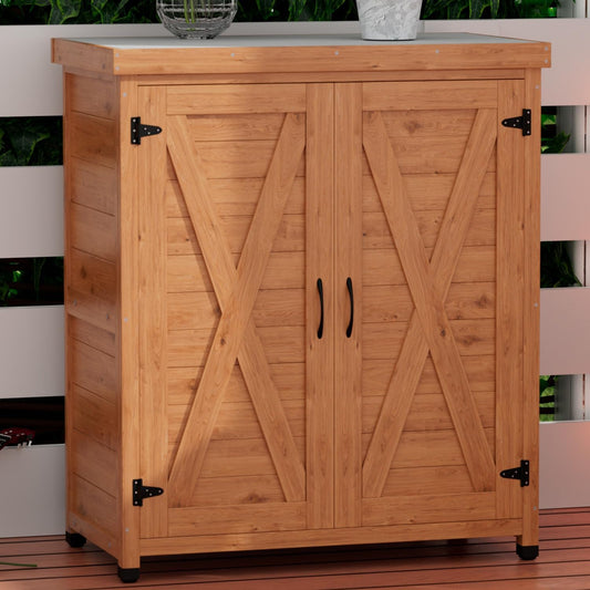 Outdoor Storage Shed Waterproof, Potting Shed with Storage Cabinet and Metal Table Top for Backyard Garden Patio, Outdoor Work Station Table, Light Brown