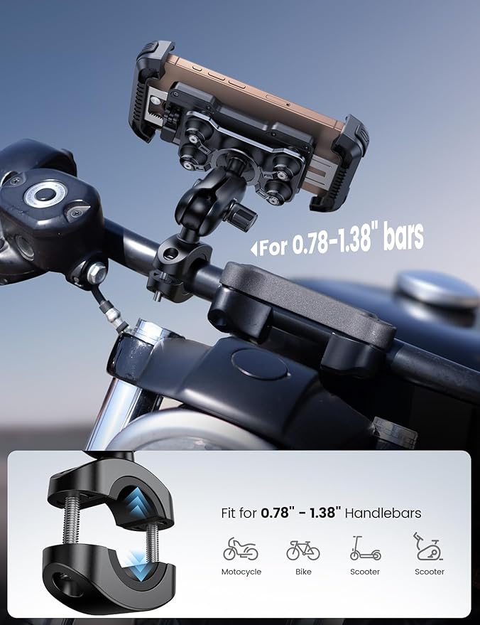 Lamicall Motorcycle Phone Mount Holder - [Dual Vibration Dampener] [Metal Adjustment Arm] Motorcycle Cell Phone Holder, Bike Handlebar Phone Mount, for iPhone 16/15/ 14/13 Pro Max, 4.7-6.7" Phones