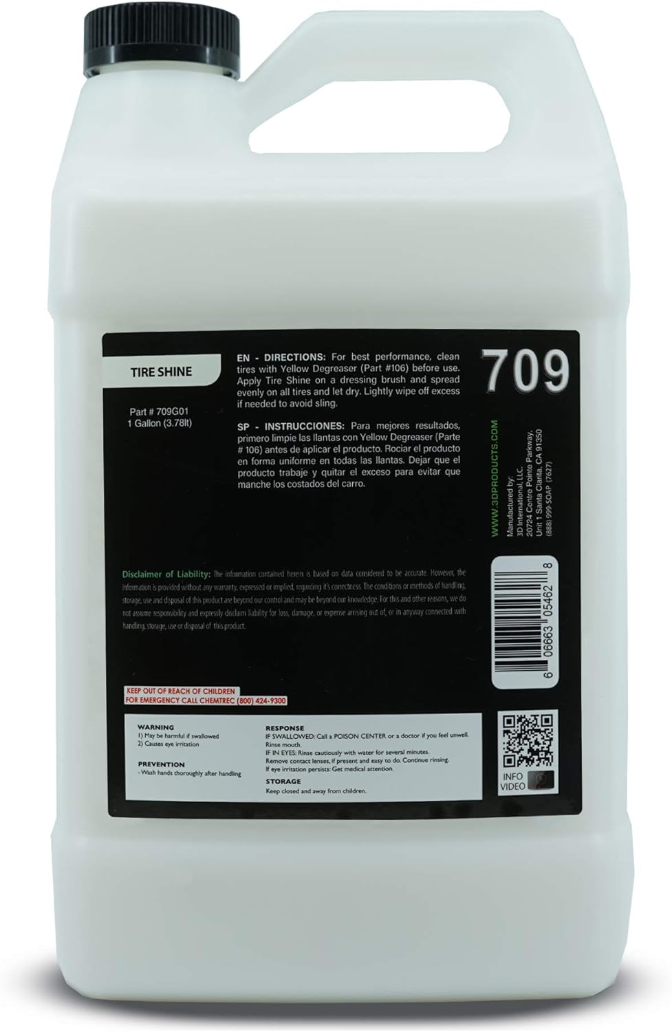 3D Tire Shine Gel – Water-Based, High Gloss Tire Dressing | Non-Greasy, Long Lasting Finish for Rubber, Trim & Vinyl | Easy Gel Application | Car Detailing |1 Gallon