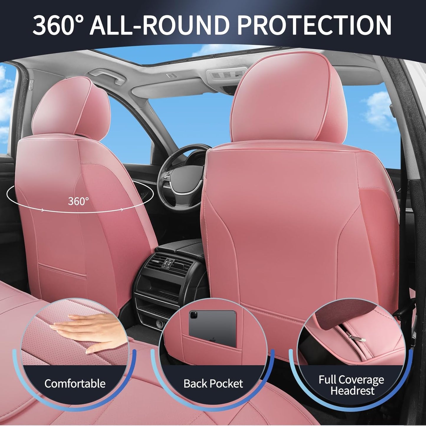 Pink Seat Covers for Cars,Front Seats Universal Fit for SUV, Sedans and Trucks,Waterproof Breathable Full Wrapping Edge Seat Covers, Luxury Automotive Seat Protecor Covers