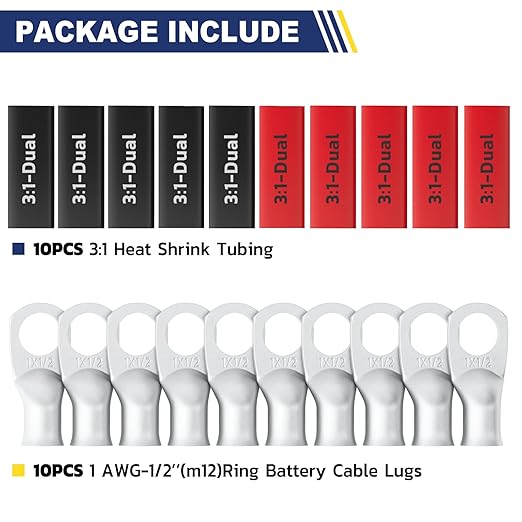 haisstronica 10pcs 1 AWG - 1/2" (M12) Tinned Copper Battery Lugs, Heavy Duty Copper Wire Lugs with 10pcs 3:1 Adhesive Heat Shrink Tubing, 1 Gauge Wire Lugs, Tinned Copper Battery Cable Ends