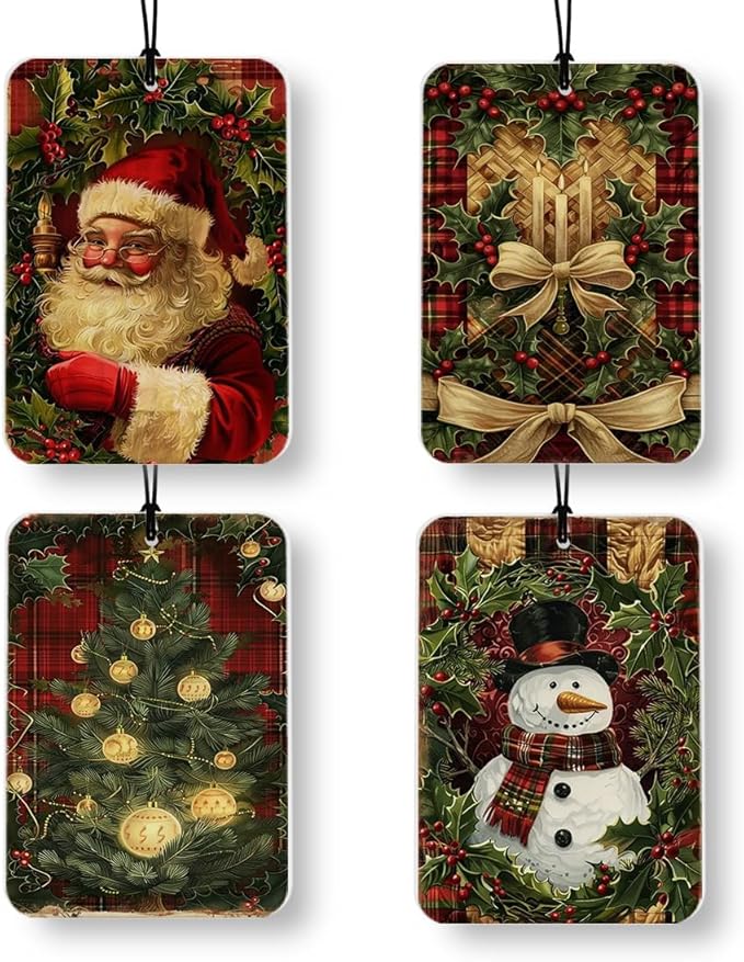 Red Buffalo Plaid Christmas Winter Car Air Freshener 4 Pcs, Rustic Winter Christmas Berry Tree Snowman Santa Air Freshener Hanging Decor for Cars Closet Drawer Books Accessories Gifts