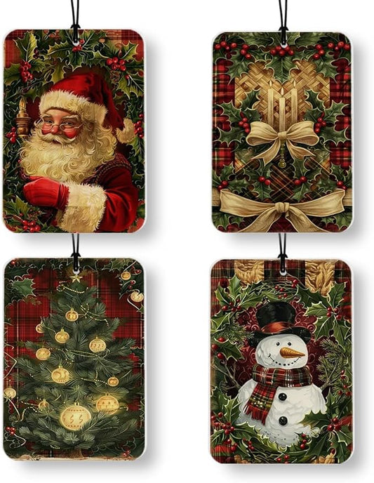 Red Buffalo Plaid Christmas Winter Car Air Freshener 4 Pcs, Rustic Winter Christmas Berry Tree Snowman Santa Air Freshener Hanging Decor for Cars Closet Drawer Books Accessories Gifts