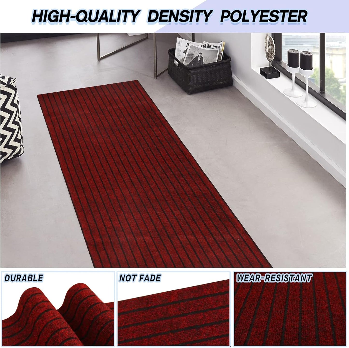 Custom Size Backed Non-Slip Area Rugs Runner, Easy Clean, Waterproof Runner Rugs for Hallway Entryway, Kitchen, Laundry, 2FT x 52FT, Red Stripe