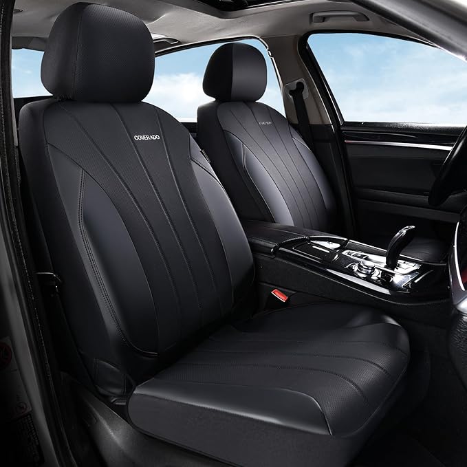 Coverado Car Seat Covers Full Set, Automotive Front and Rear Seat Covers, Leather Car Seat Covers Full Set 5 Seats, Airbag-Compatible, Spill-Proof Design, Black Seat Covers for SUV Sedan Truck