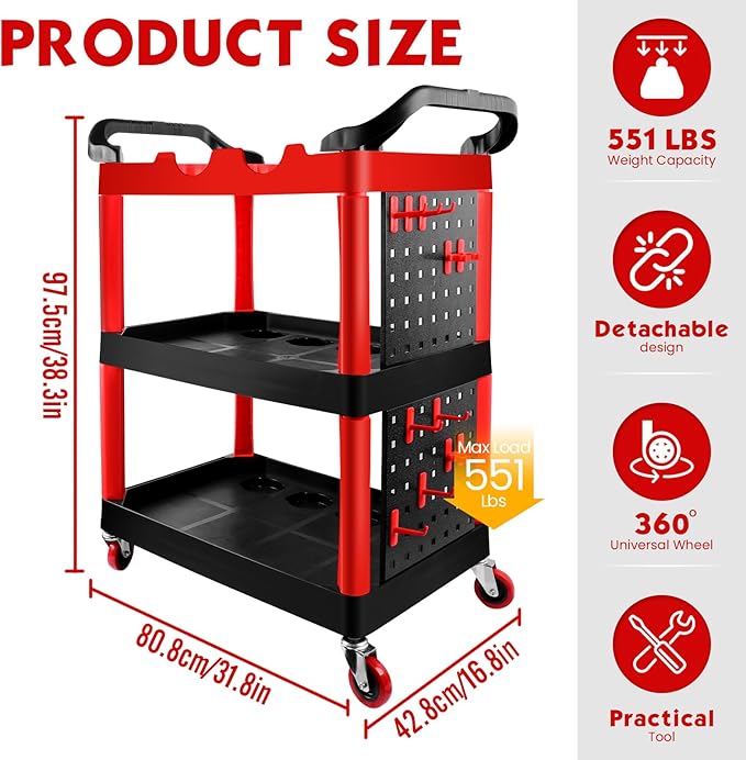 Auto Detailing Cart with Wheels, 3 Tier Car Detailing Cart with Hanging Boards & Hooks, Car Wash Organizer for Garage Workshop DIY Home