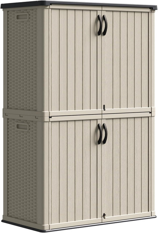 Patiowell 50 cu.ft Plastic Outdoor Storage Shed, Lockable Waterproof Resin Storage Cabinet Vertical Storage Shed for Garden Tools, Garbage Cans, Pool Supplies, Beige(Not Include Shelves)