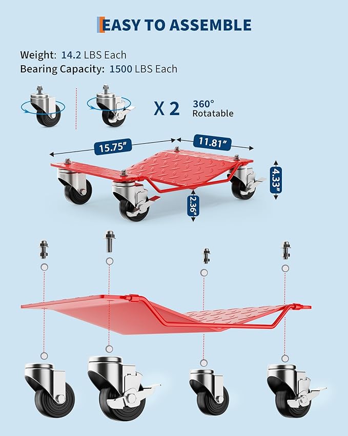Car Wheel Dolly Set of 4,6000 LBS Capacity Heavy Duty Vehicle Mover Dolly with Brakes for Moving Cars, Trucks, Trailers and Motorcycles, Red