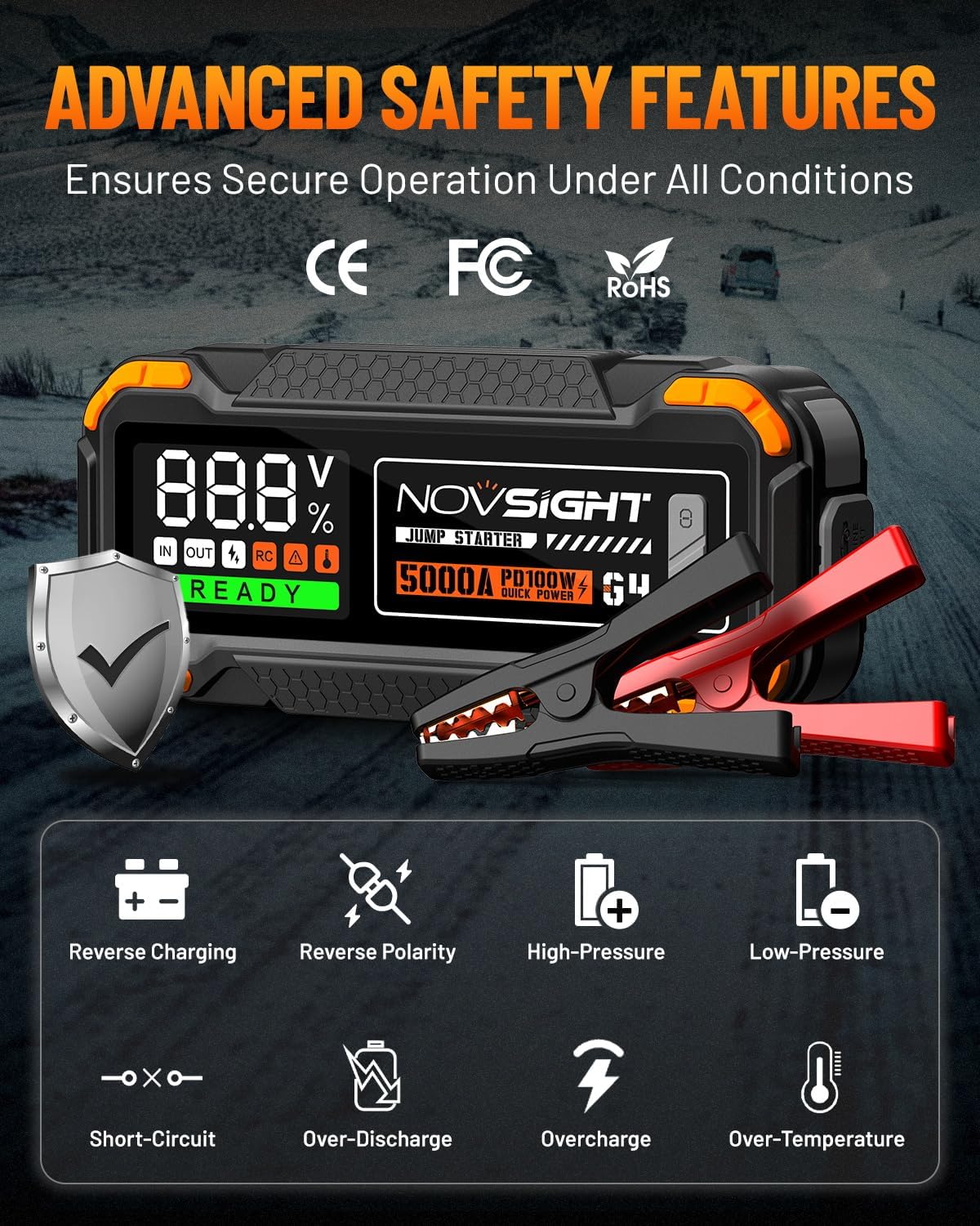 NOVSIGHT Car Battery Jump Starter - 5000A Portable Battery Jumper (12.0L Gas/10.0L Diesel) 12V Car Starter Jump Box with USB Type-C Quick Charge, Bulit-in Charge 3 Modes, Dual Color Lights(Orange)