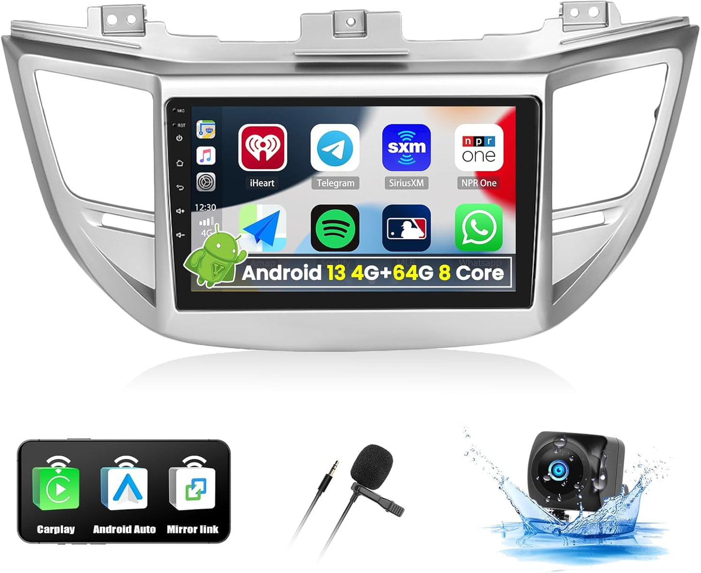 UNITOPSCI 4G+64G 8Core Android 13 Car Stereo for Hyundai Tucson 2015-2018 Wireless Apple CarPlay Android Auto 9” Touchscreen Bluetooth 5.0 GPS Navi DSP Mirror Link WiFi FM/RDS SWC+Backup Camera Mic