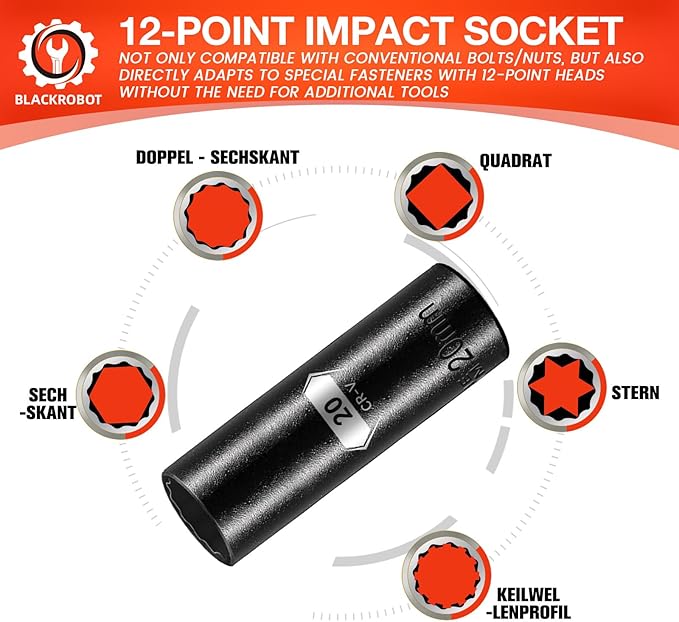 BLACKROBOT 20 mm 12-Point Deep Impact Socket, 1/2 Inch Drive, Metric, Cr-V Steel With Black Manganese Phosphate Coating